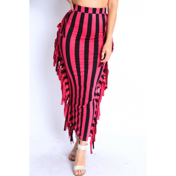 Boutique Dresses & Skirts - Women Stripe Printed Elastic High Waist Stretch Bodycon Maxi Pencil Fringe Skirt